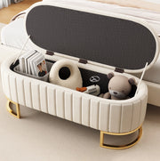 Panca contenitore imbottita 120x39;9x43 cm in velluto beige con gambe in metallo
