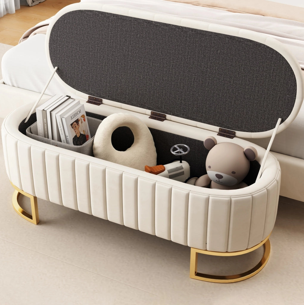 Panca contenitore imbottita 120x39;9x43 cm in velluto beige con gambe in metallo