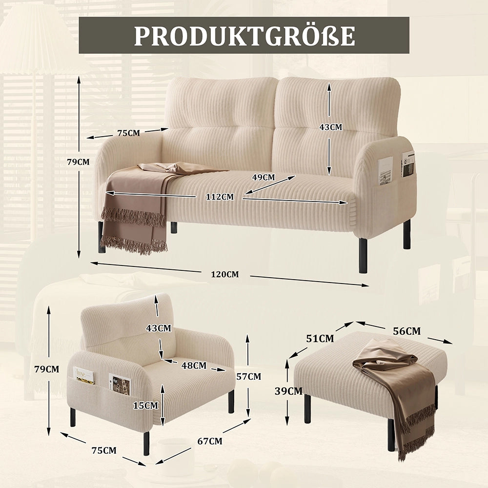 Set 3 pezzi - Xylo - divano+poltrona+pouf velluto tubo acciaio beige