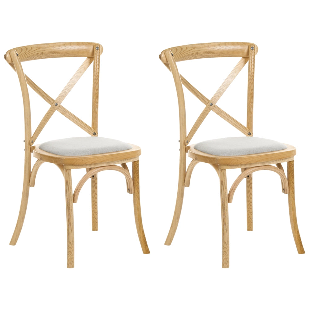 Set di 2 sedie da pranzo con struttura in legno marrone chiaro e beige, seduta imbottita, schienale a croce, stile rustico