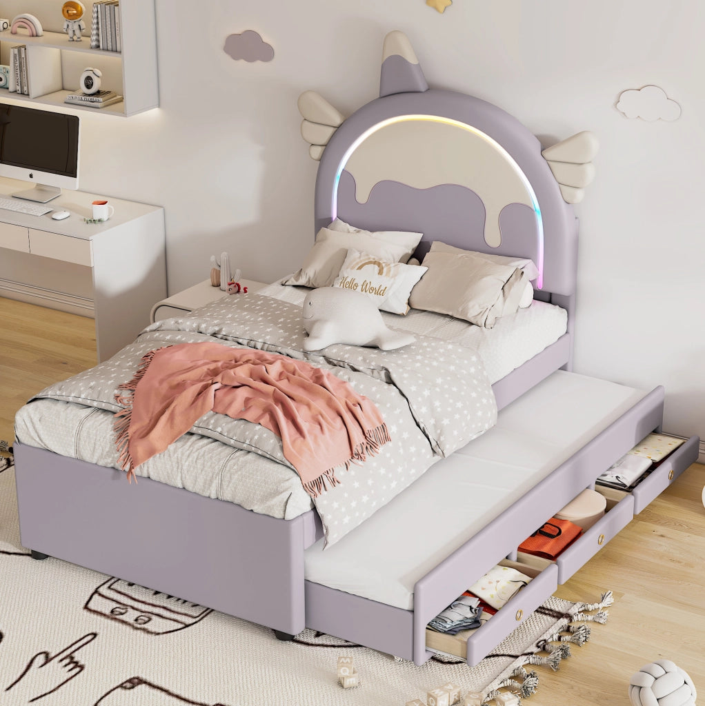 Letto per bambini 90x200 cm con letto estraibile e cassetti; PU e MDF; viola