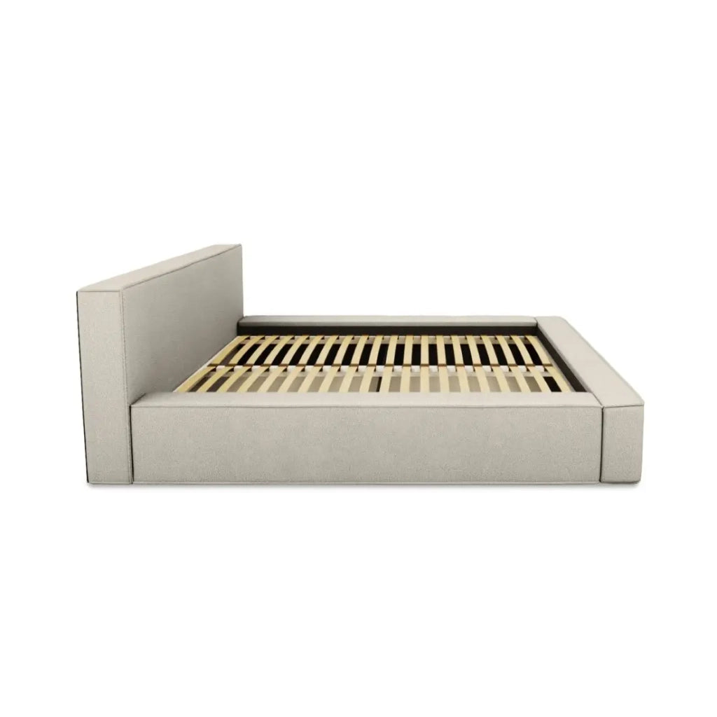 Letto contenitore VELORA – Sabbia ricciolata – 160x200 cm – Tessuto effetto lana – Rete sollevabile – Contenitore integrato