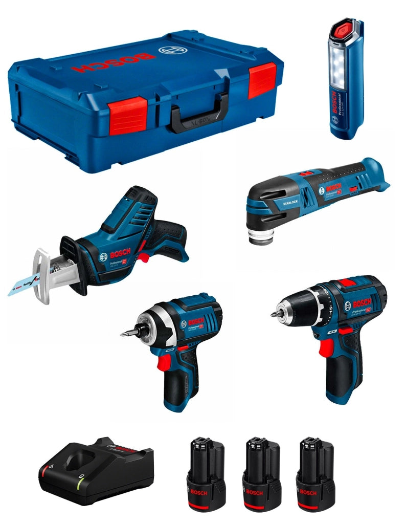 BOSCH Kit 0615990N1D (GSR 12V-15 + GOP 12V-28 + GDR 12V-105 + GSA 12V-14 + GLI 12V-300 + 3 x 2,0 Ah + GAL 12V-40 + L-Boxx XL)