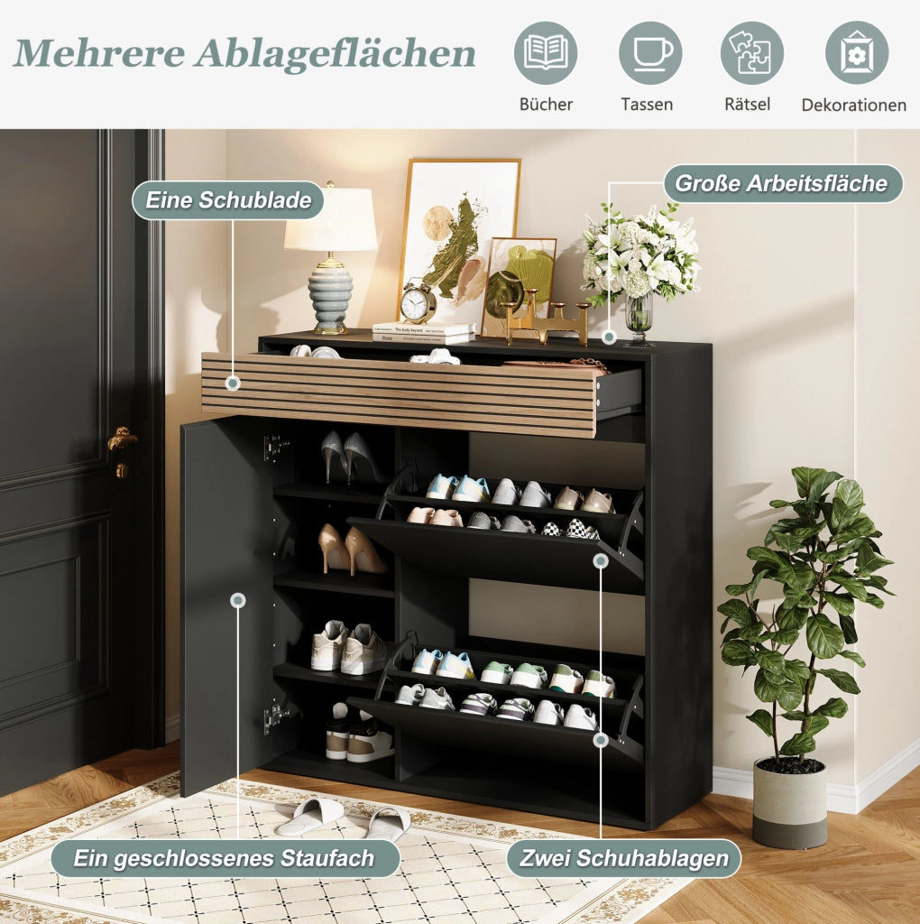 Scarpiera slim con 1 anta; 1 cassetto e 2 vani ribaltabili; 100x35x105 cm; nero e legno