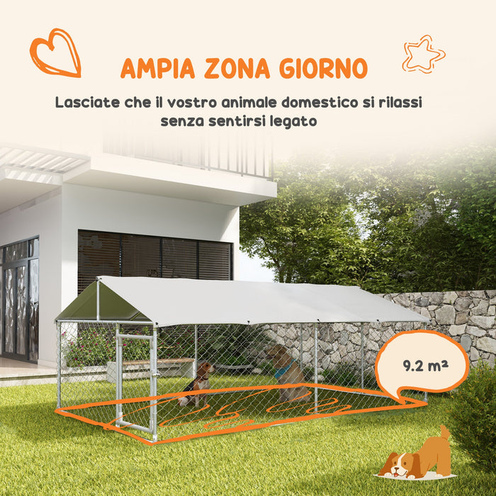 Recinto per Cani Grandi fino 30kg per Esterno 4x2,3x1,5m con Tetto Impermeabile e Anti-UV Argento