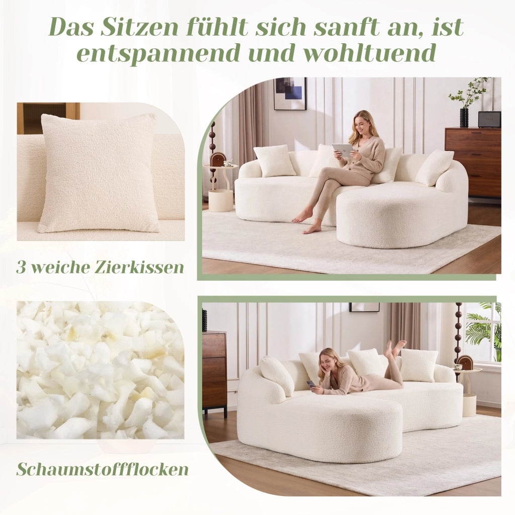 Divano angolare curvo modulare con seduta confortevole e montaggio senza attrezzi in chenille bianco 243 × 150 × 67 cm