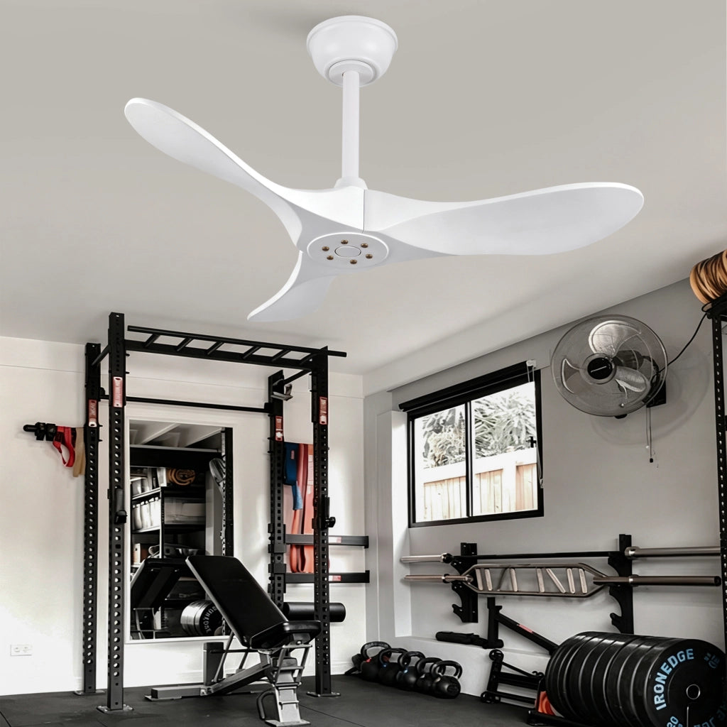 Ventilatore da soffitto bianco design moderno 36 pollici, 3 pale legno massello, senza illuminazione, motore DC reversibile silenzioso