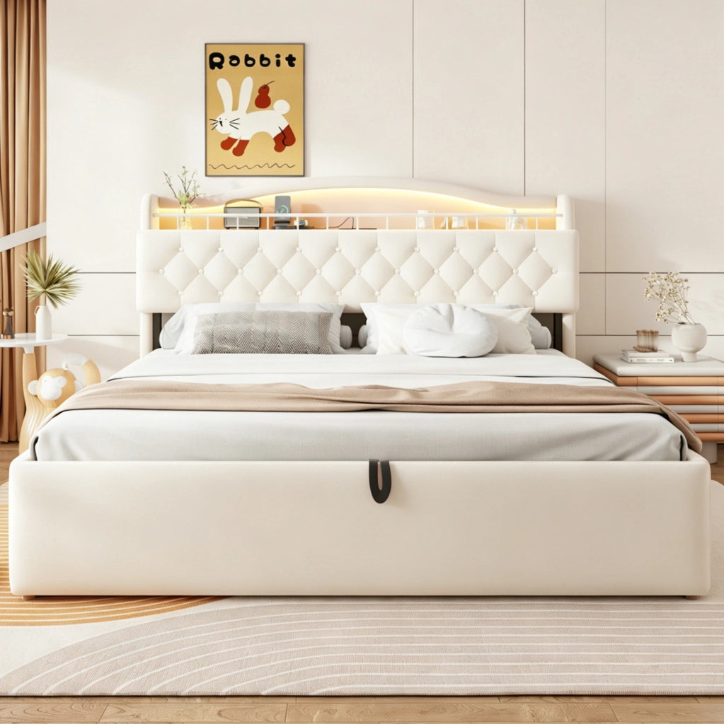 Letto imbottito 180x200 cm con contenitore idraulico, LED, USB e USB-C beige