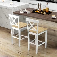 Set di 2 Sgabelli da Bar con Schienale e Poggiapiedi, Legno di Gomma, per Cucina, Sala da Pranzo, Bar, Rovere+Bianco