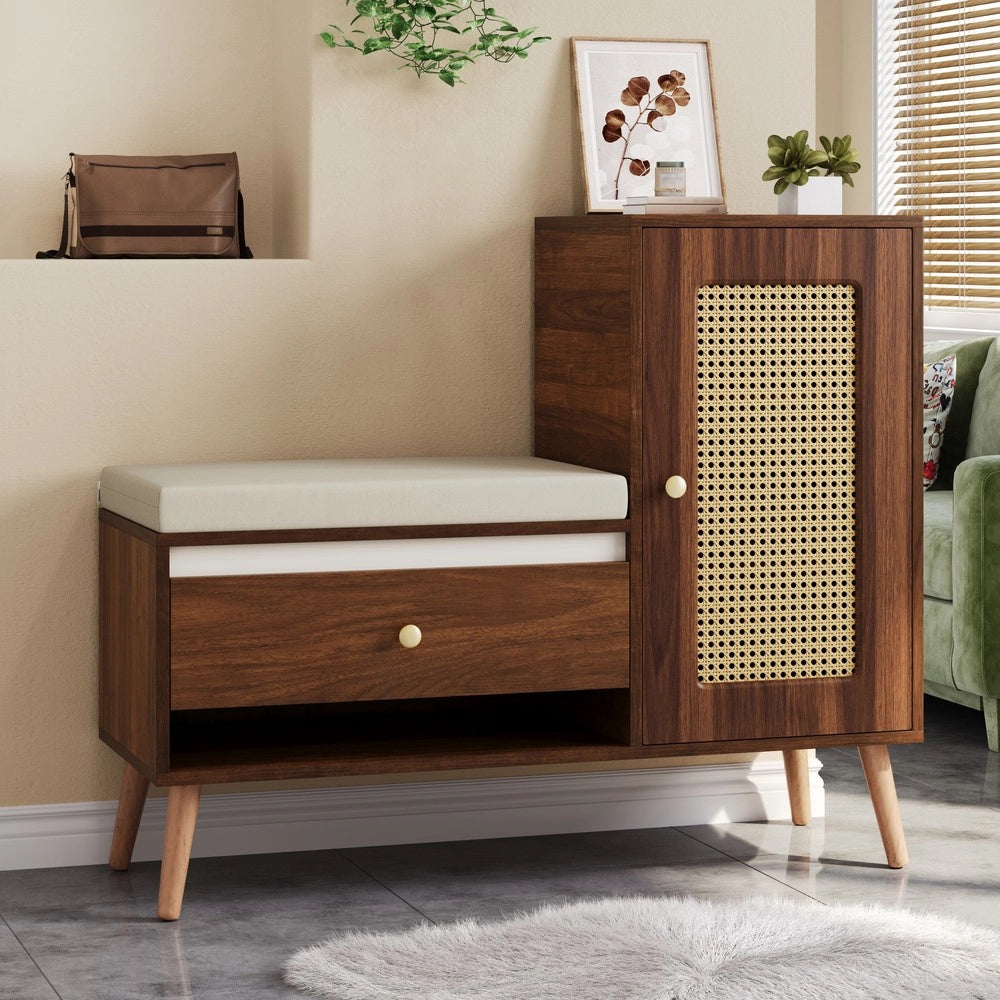 Panca Ingresso con Scarpiera, Cassetti e Ante ¨C MINIMAL ¨C Rattan, Cuscino Seduta