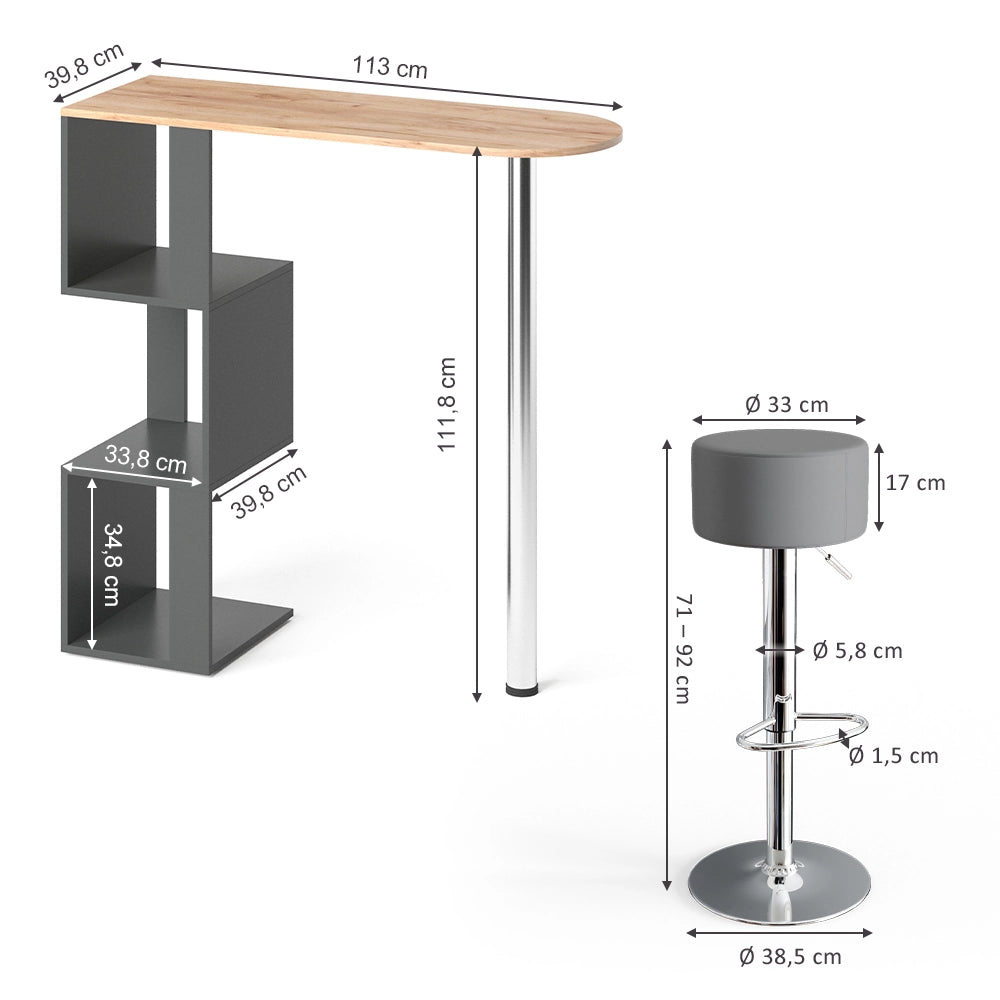 Vicco Tavolo bar con sgabelli Quercia dorata 113 x 39.8 cm con 2 sgabelli da bar
