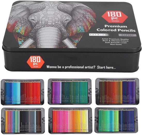 Set di pennarelli 180 pezzi - Pennarelli colorati - Pastelli grafite precisi - Scatola in acciaio - Pastelli in legno - Dimensioni 30 x 20 x 6,8 cm - Pennarelli colorati