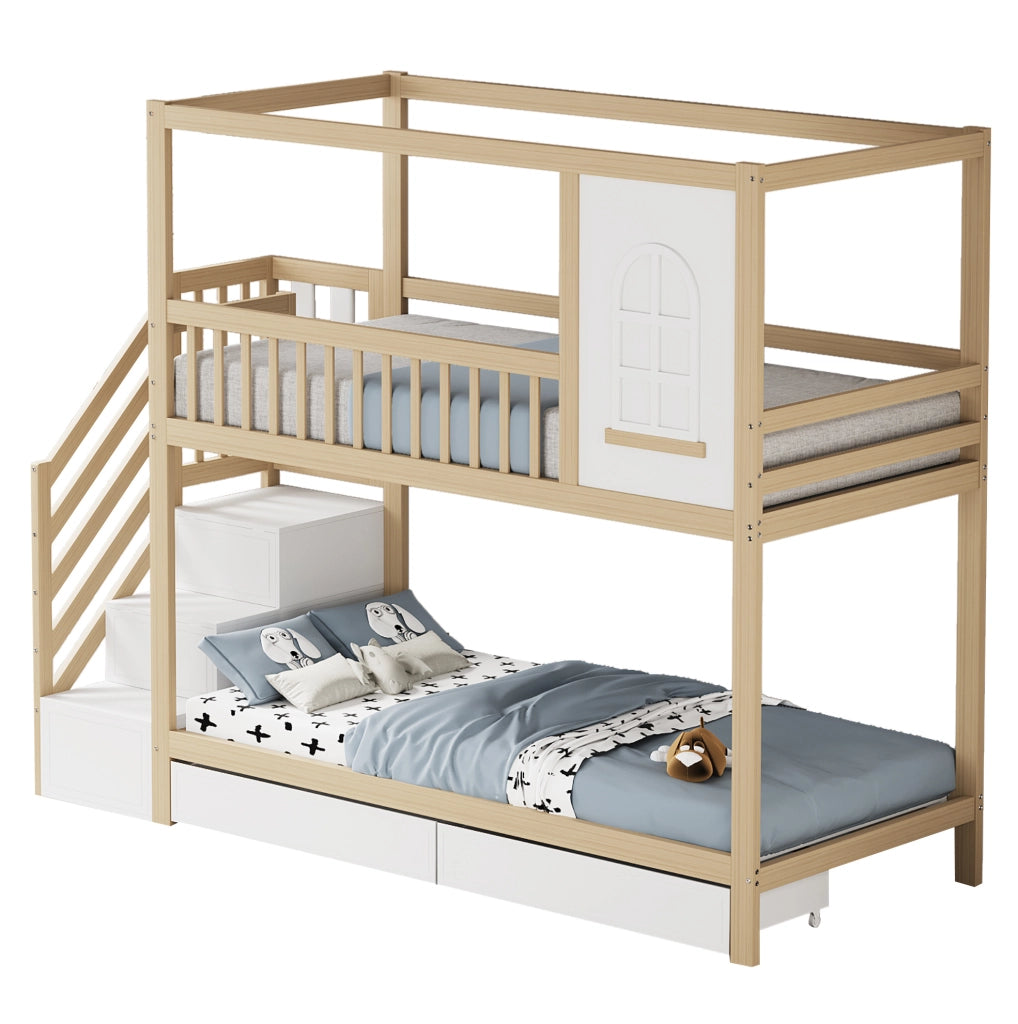 Letto a castello 90x200 cm legno naturale con cassetti e scala