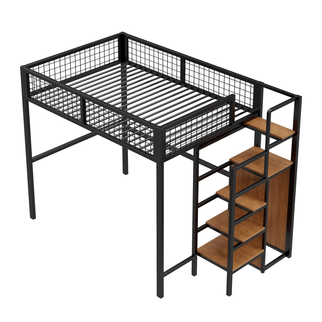 OKWISH Letto a Soppalco 140×200 cm, Letto Matrimoniale con Scala, Mensole e Armadio, senza Materasso, in Metallo, Nero