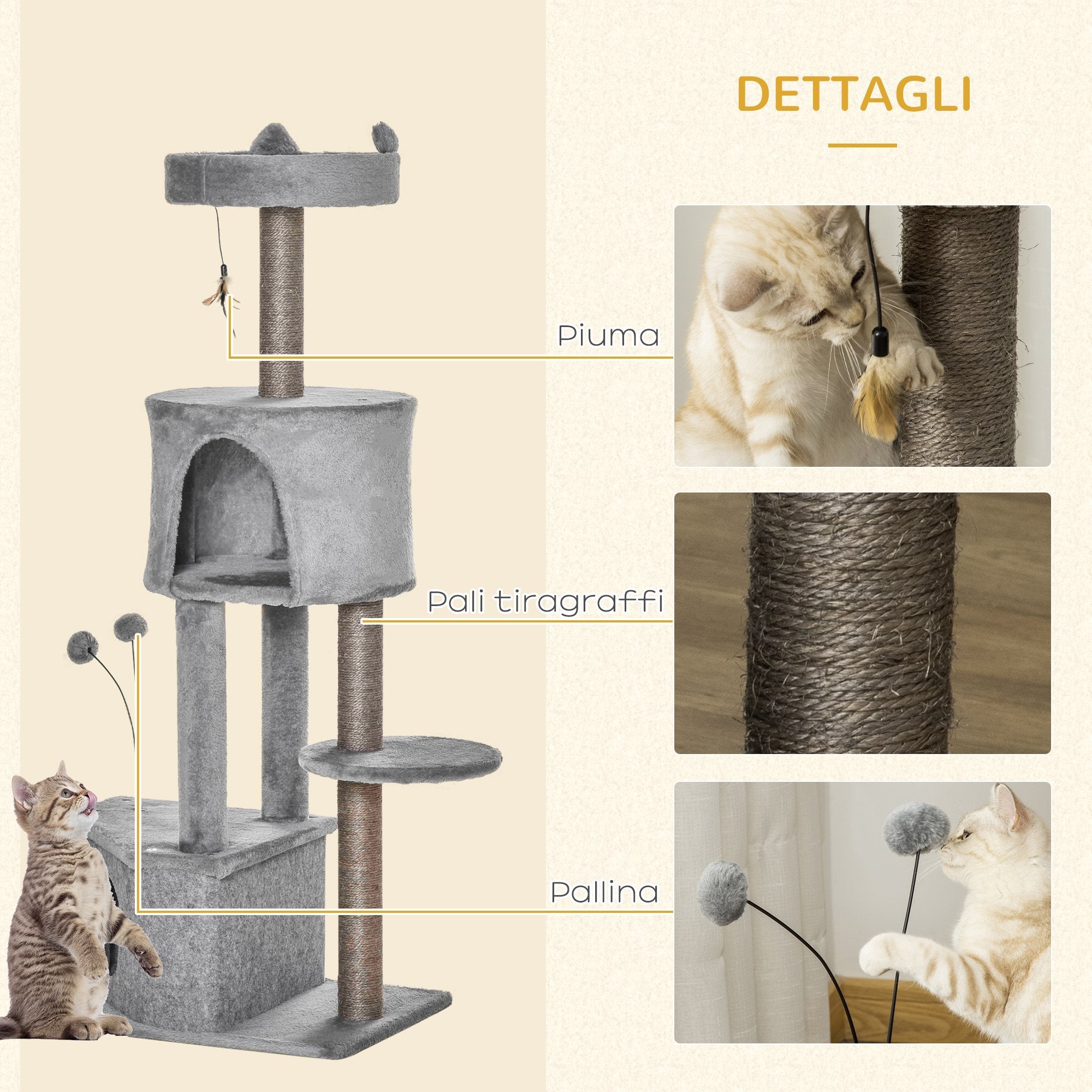 Albero Tiragraffi per Gatti 60x40x133 cm in Sisal e Peluche Grigio