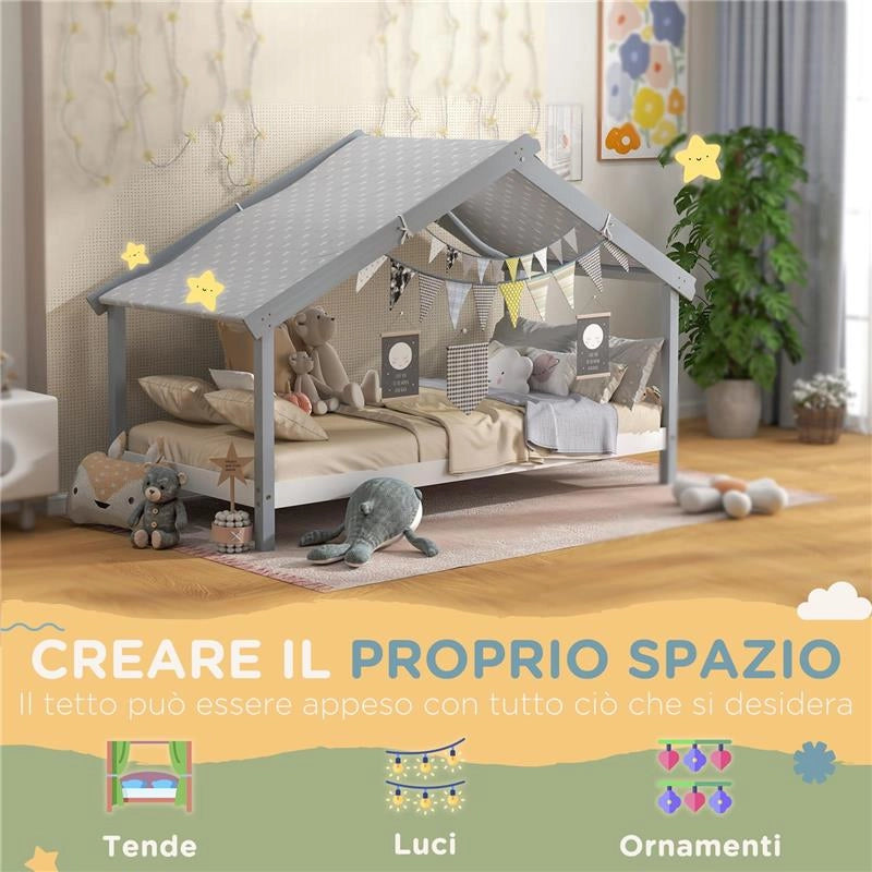 LETTO A CASETTA IN LEGNO DI PINO A 15 DOGHE CON TETTO STELLATO IN TESSUTO 213X100X140 CM GRIGIO