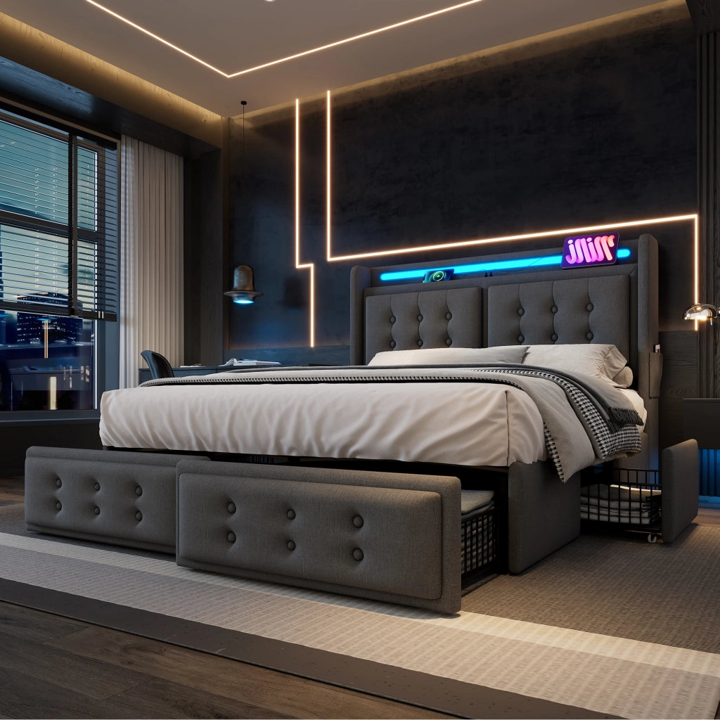 LETTO matrimoniale 140x200 cm in cotone-lino grigio con 4 cassetti e LED