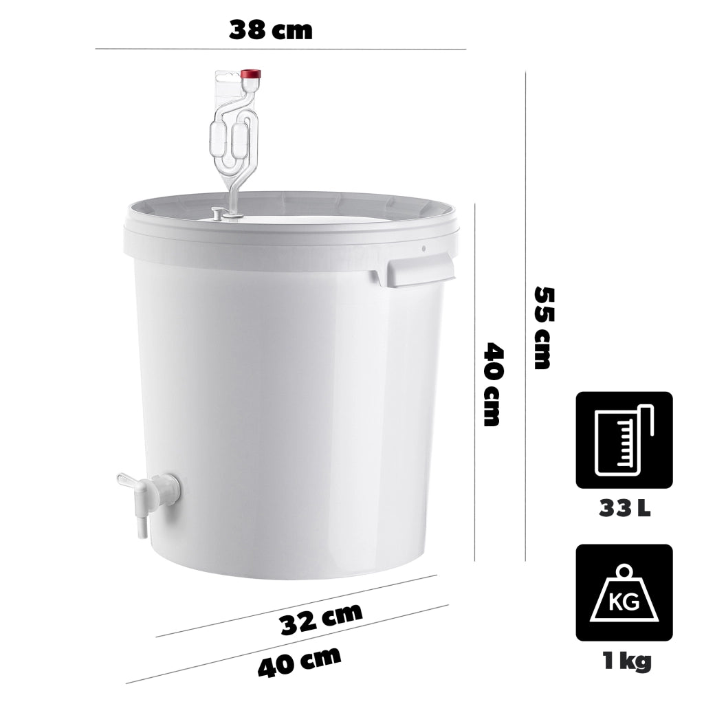 Contenitore di fermentazione KADAX da 33 litri per vino, liquori, birra e sidro, con tappo in sughero.