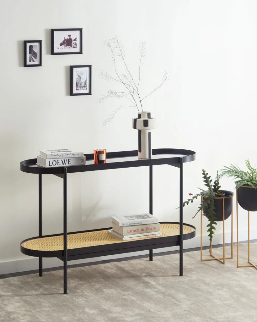 Tavolo consolle con piano in vetro  1 ripiano con intreccio viennese legno chiaro stile moderno