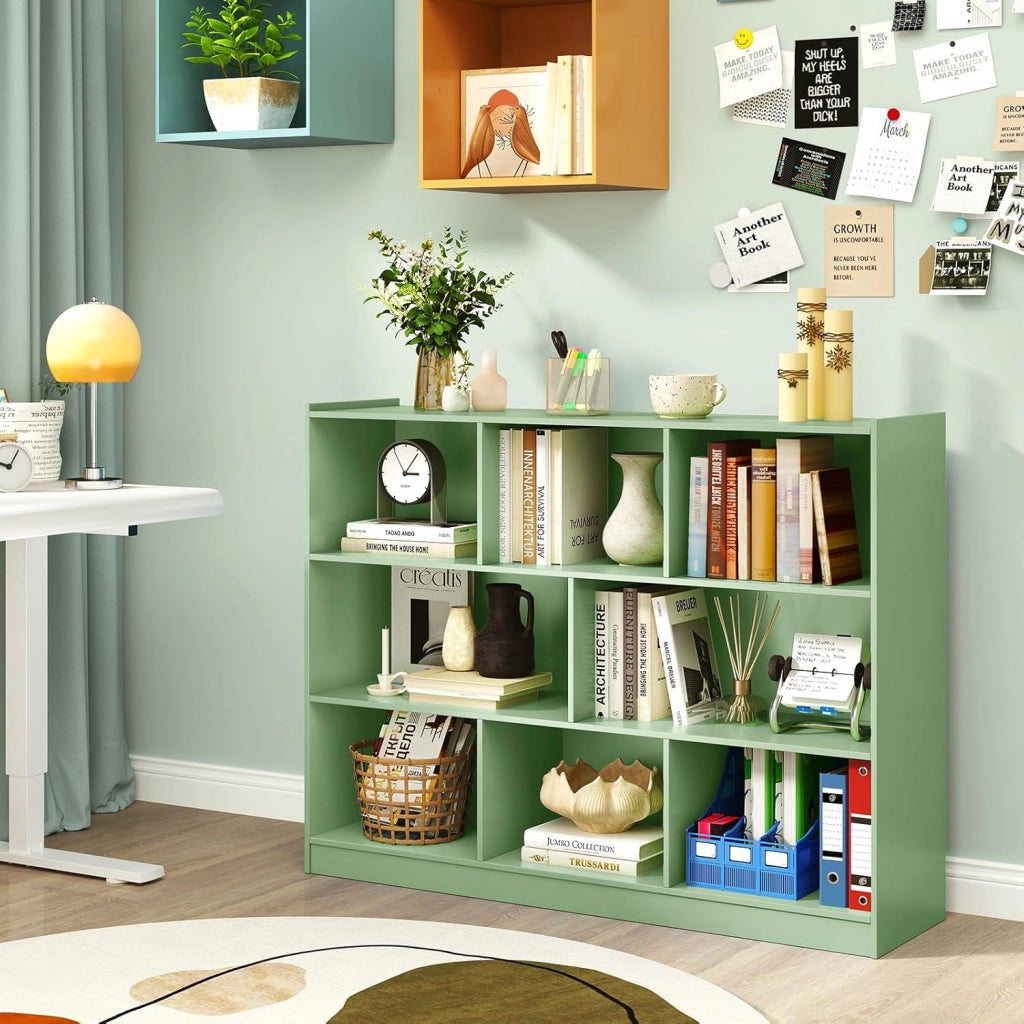 Libreria Scaffale da Terra con 8 Cubi, Libreria Multifunzione in Legno con Anti-ribaltamento, Salvaspazio per Cameretta, Soggiorno e Studio, Portata 220 kg, 122 x 32 x 93 cm (Verde)