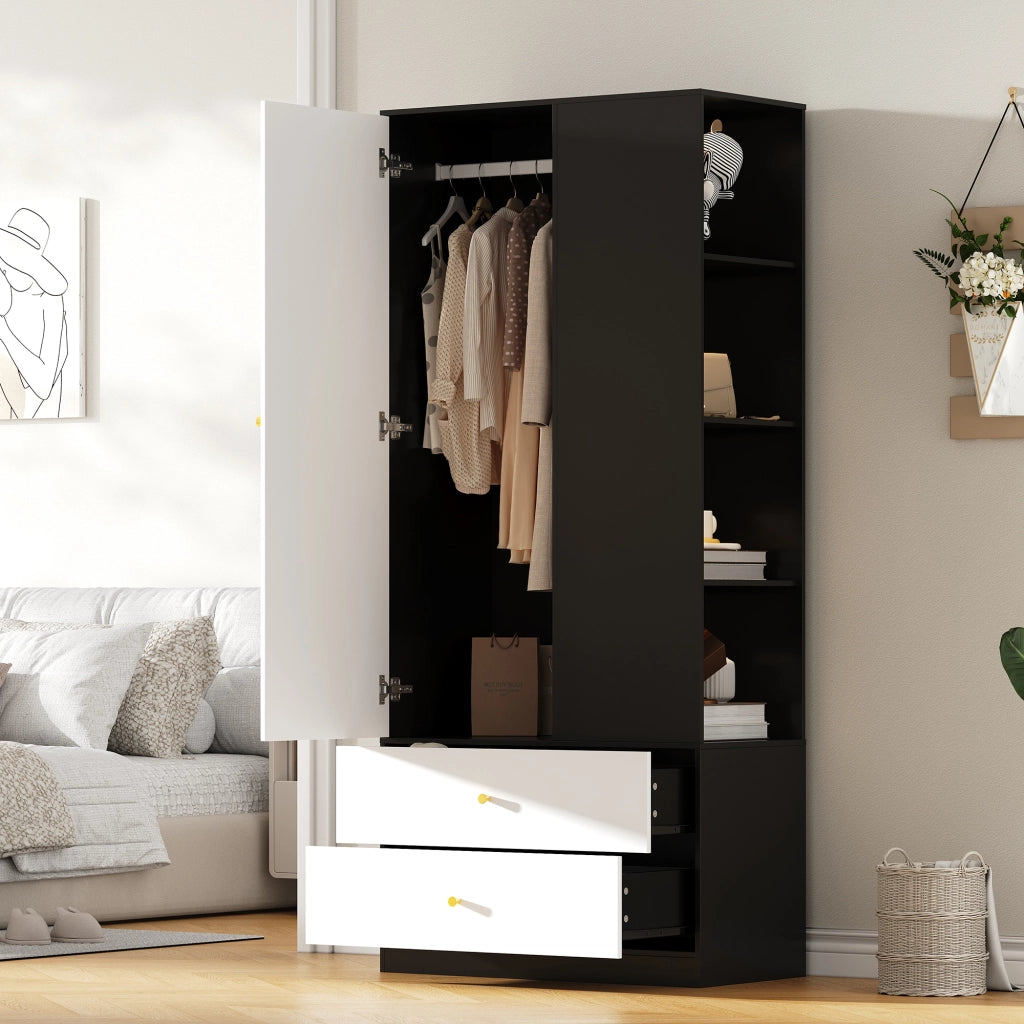 Armadio con specchio a 1 anta, 2 cassetti e 4 vani aperti, per camera e ingresso, bianco e nero, 80 × 40 × 180 cm