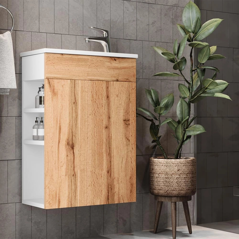 Set mobili bagno Amadeo, Quercia dorata, 50 cm, composto da mobile sottolavabo e lavabo