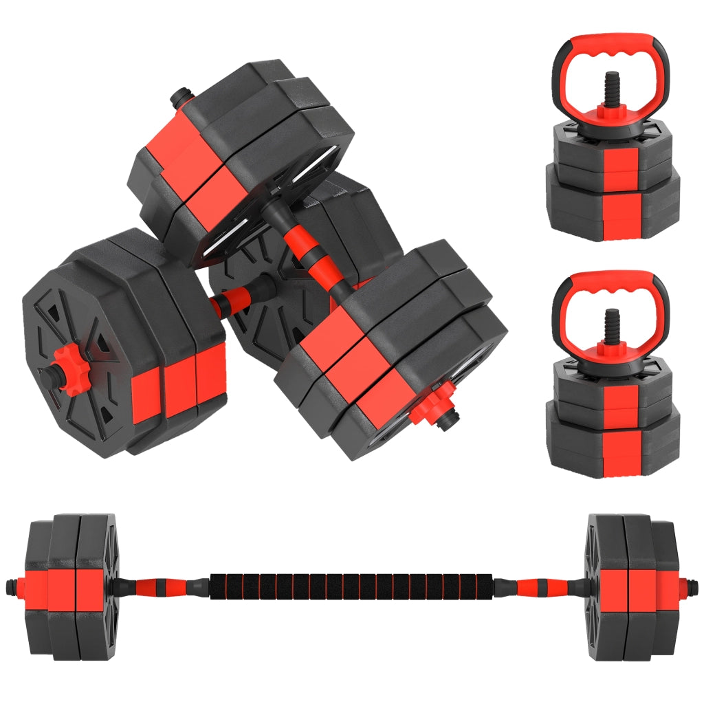 Set Pesi da Palestra 6 in 1 da 30kg, Convertibile in Kettlebell, 2 Manubri, Bilanciere e Supporto Flessioni, Rosso