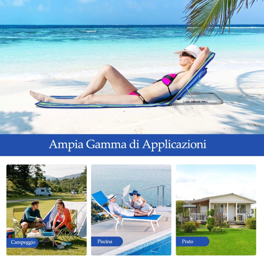 Set di tappetini pieghevoli da spiaggia per cortile campeggio, Sedie a sdraio regolabili con un tavolino Bianco e blu-Letti e sacchi a pelo