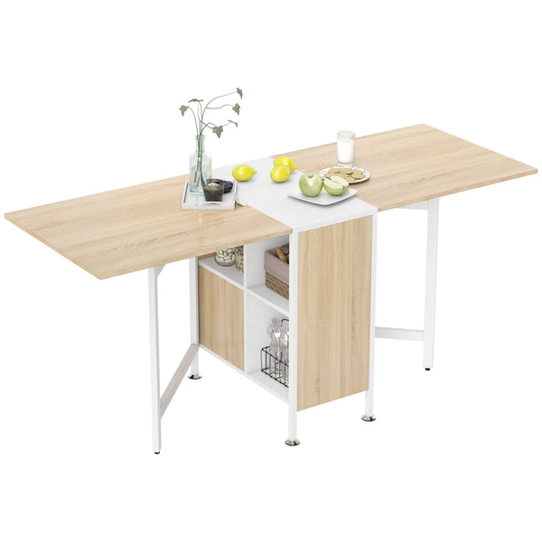 Tavolo da Pranzo Pieghevole per 4 Persone con Pannelli a Ribalta, Scrivania Richiudibile Salvaspazio con 4 Scompartimenti in MDF, per Sala da Pranzo, Soggiorno, 169x60x75 cm, Rovere e Bianco