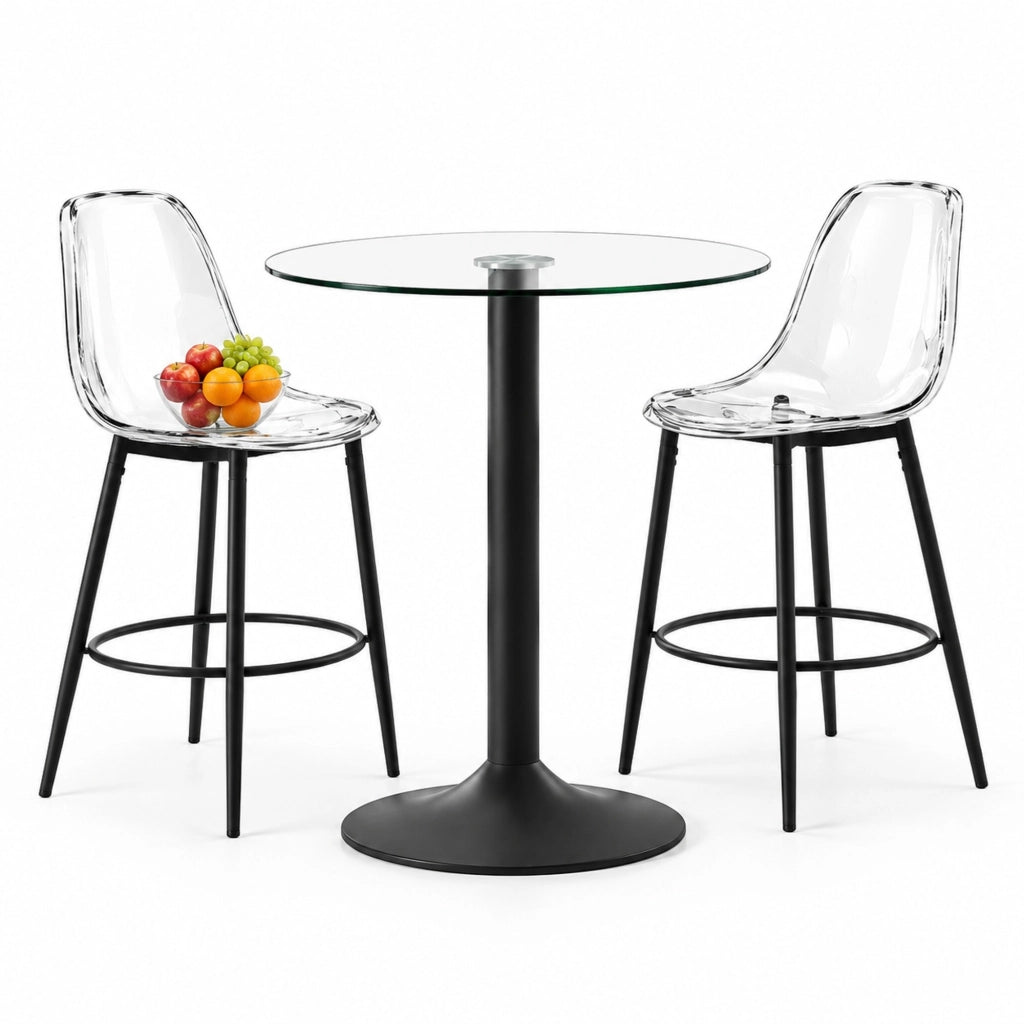 Set bar Ø89 cm nero, vetro e metallo - con 2 sgabelli trasparenti