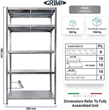 SCAFFALE IN METALLO MACISTE 120 X 40 X 195 H 5 PIANI KG 260 SENZA BULLONI