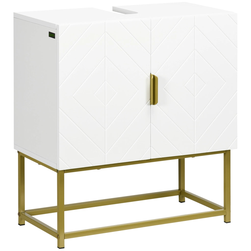 Mobile Bagno Sottolavabo con Armadietto 2 Ante in Legno e Acciaio. 60x30x65cm. Bianco e Oro