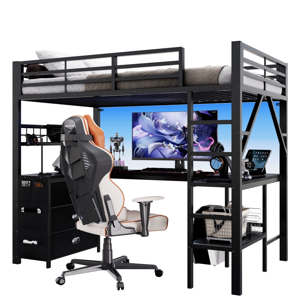 Letto a soppalco gaming ¨C Minimal ¨C metallo nero con cassetti scrivania led 90x200cm