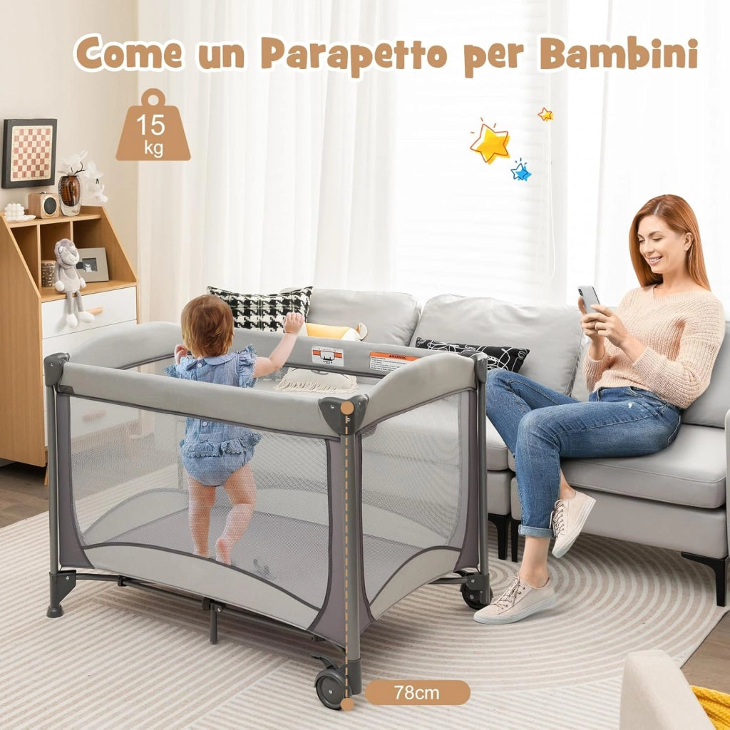Lettino da Campeggio con Materasso, Lettino Pieghevole per Bambini con Fasciatoio, Culla da Viaggio con Ruote, Giocattolo, Lettino Bambini Staccabile, per Bambini 0-36 Mesi (Grigio)
