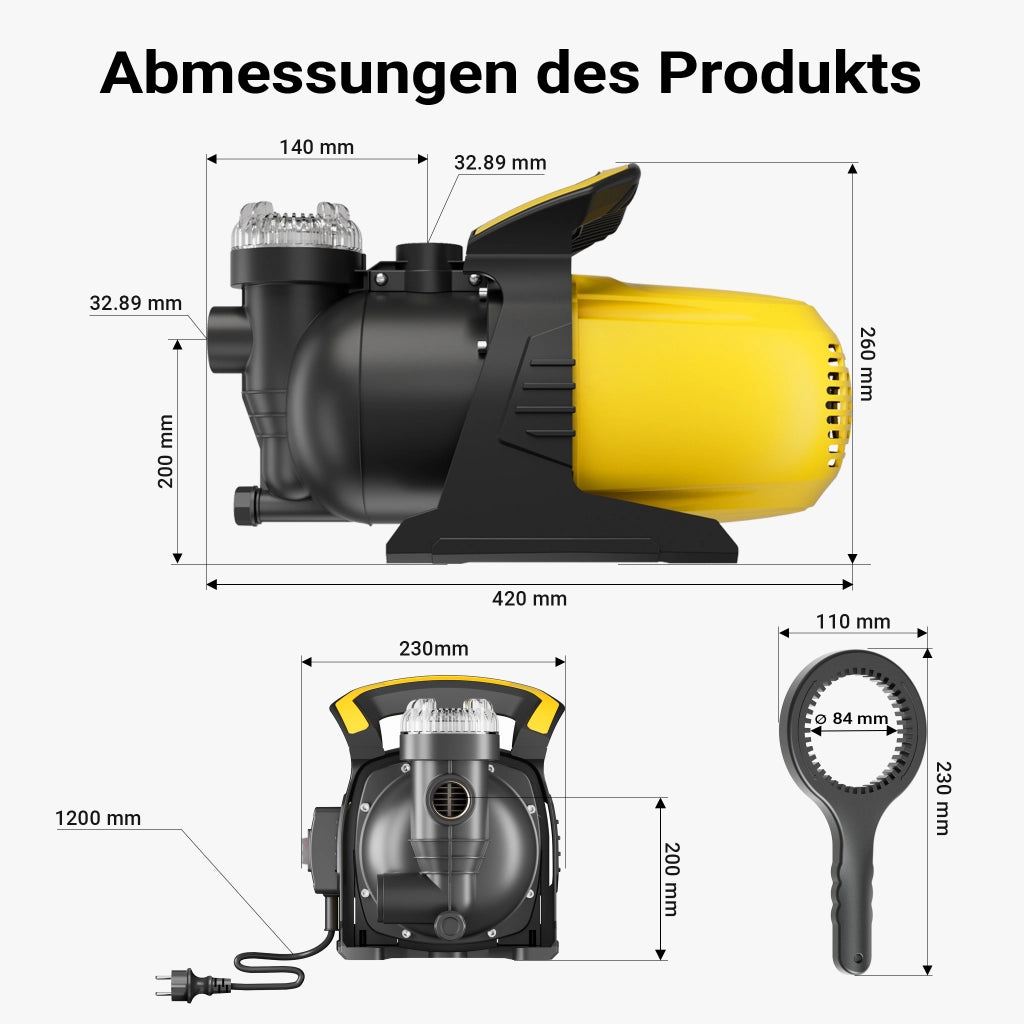 Pompa da giardino 1200 W alloggiamento in plastica, portata 3800 l/h, con prefiltro e maniglia di trasporto, altezza di mandata 48 m, profondità 8 m, 2850 rpm, per laghetti, cisterne, autoclavi