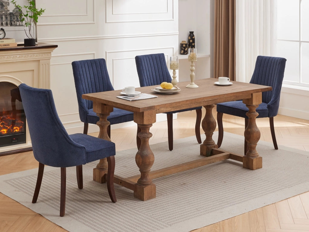Sedia da sala da pranzo set da 2 con schienale alto imbottito borchie decorative gambe in legno massello ciniglia blu