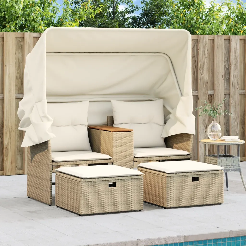Divano Giardino 2 Posti-Sofa da Giardino-Divanetto da esterno Baldacchino e Sgabelli Beige Polyrattan 923908