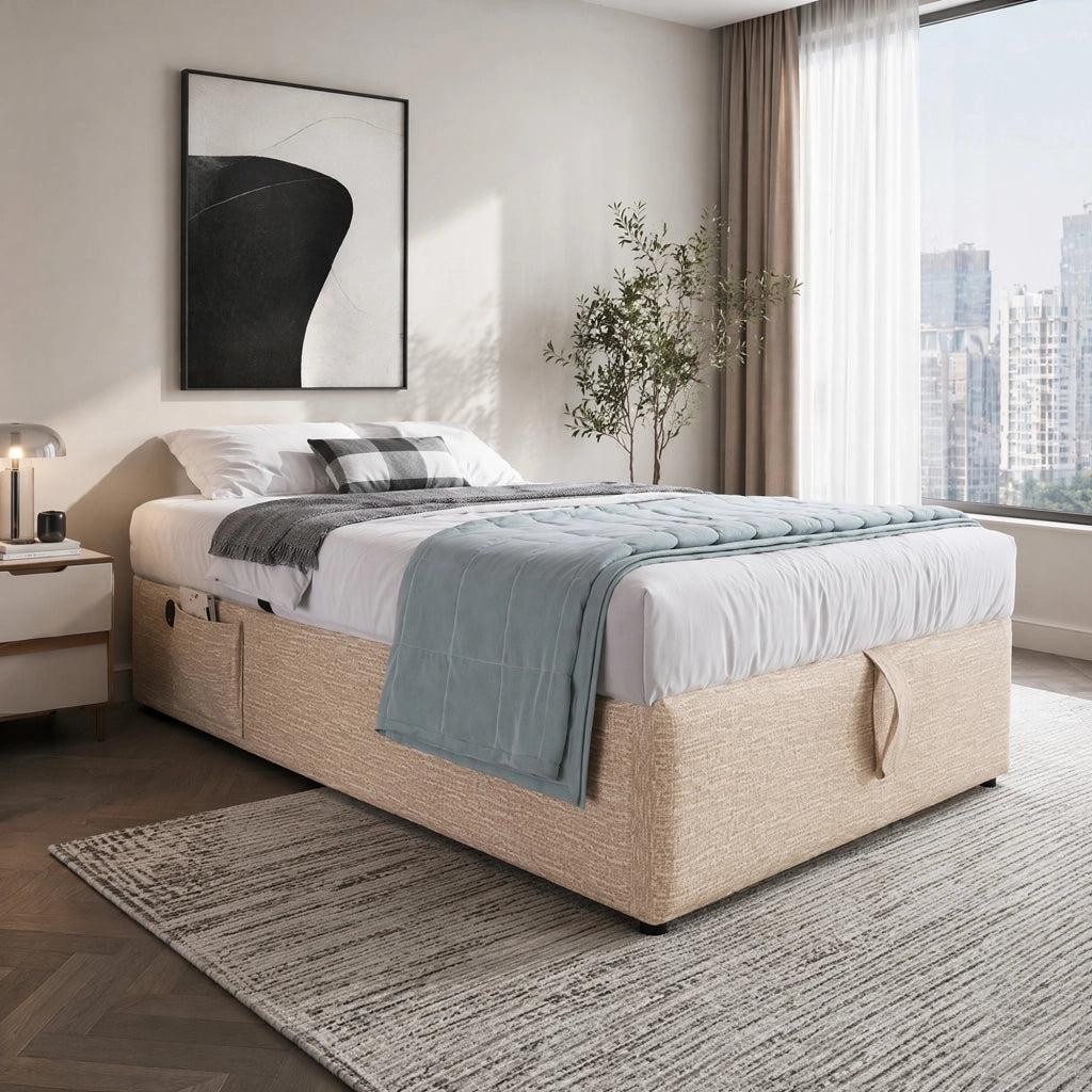LETTO contenitore 90x200 cm in lino beige/naturale con USB/Type-C, senza testiera