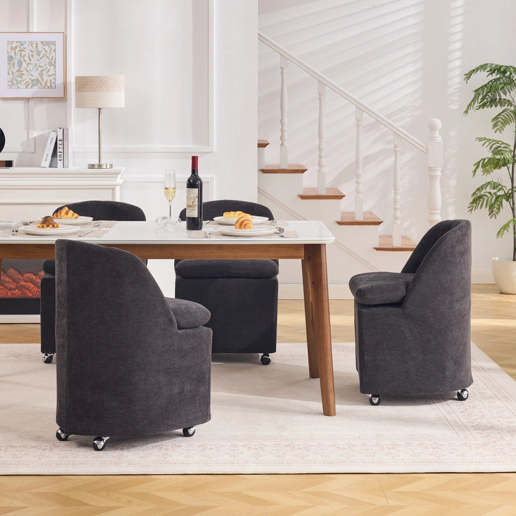 Set di 2 sedie da pranzo girevoli con rotelle; schienale ergonomico e rivestimento sfoderabile in chenille grigio