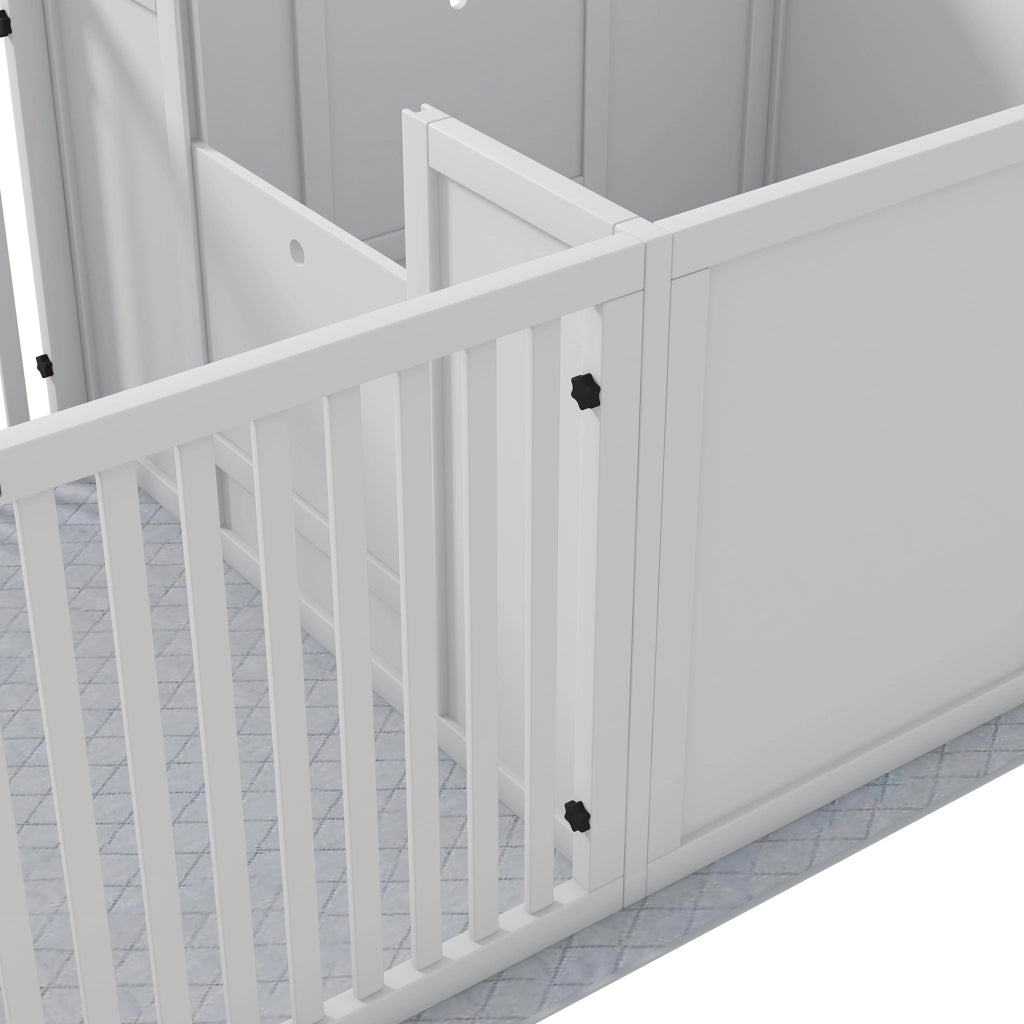 Recinzione decorativa per cuccioli a due spazi con ingresso regolabile in MDF bianco 166 × 80 × 50 cm