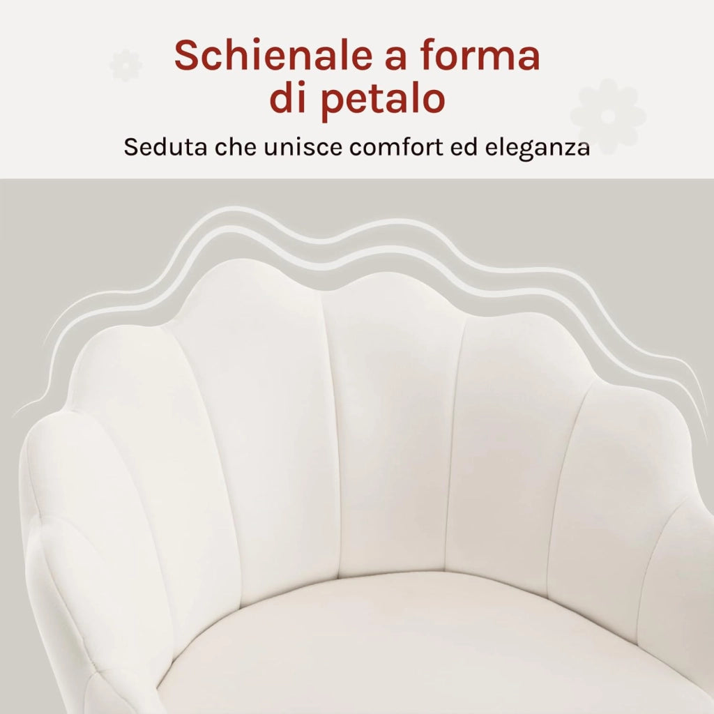 Sedia da Trucco con Schienale a Petalo, Sedia Ufficio con Braccioli e Rotelle, Poltroncina Girevole, Altura Regolabile, Velluto, Crema