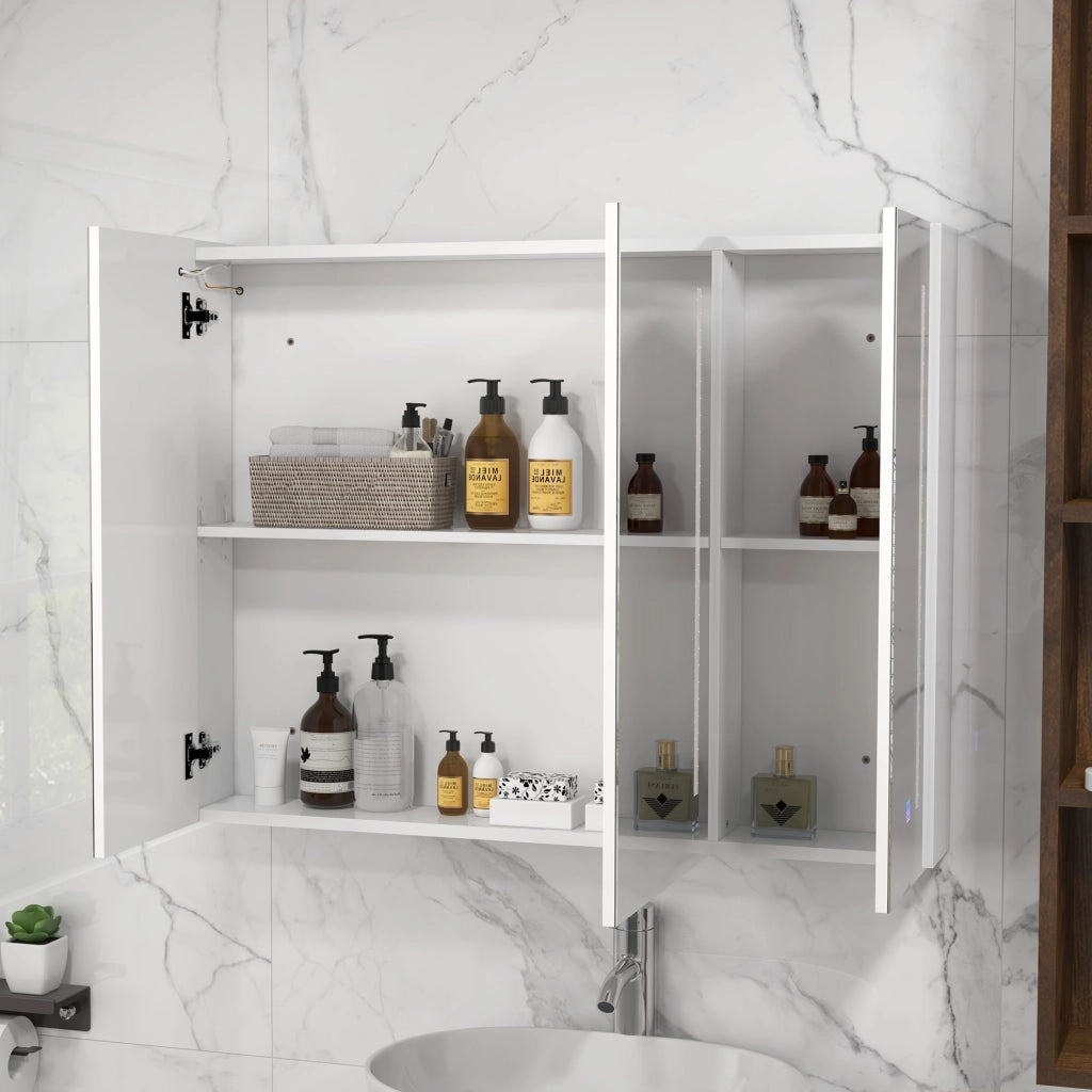 Bathroom Mirror Cabinet with Light, Bathroom Storage Cupboard with USB Charge, Adjustable Shelf, 90x15x70cm, White