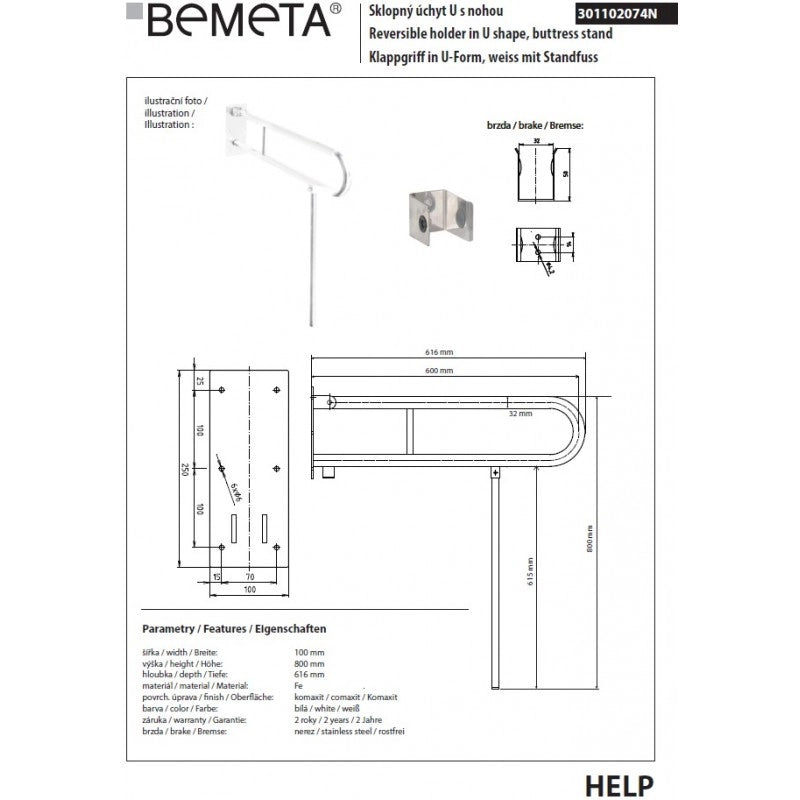 Maniglione di sollevamento a forma di U HELP 61.60 x h 80cm + gamba di supporto