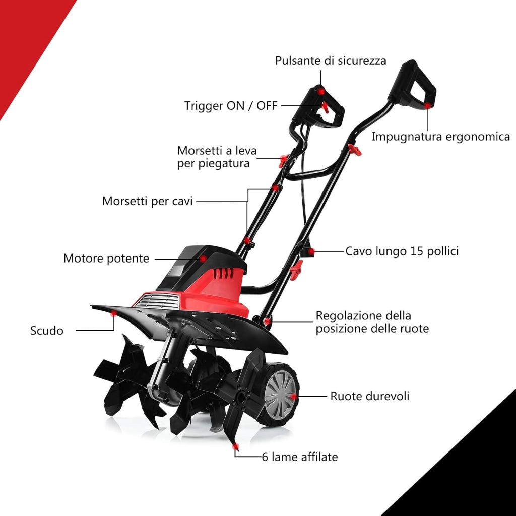 Motozappa Elettrica 1500W, Zappatrice Elettrica con Maniglia Pieghevole, Ruote Regolabili, 6 Lame, Velocità 400 PRM, Profondità 22 cm, Larghezza 43 cm (Rosso, 1500 W)