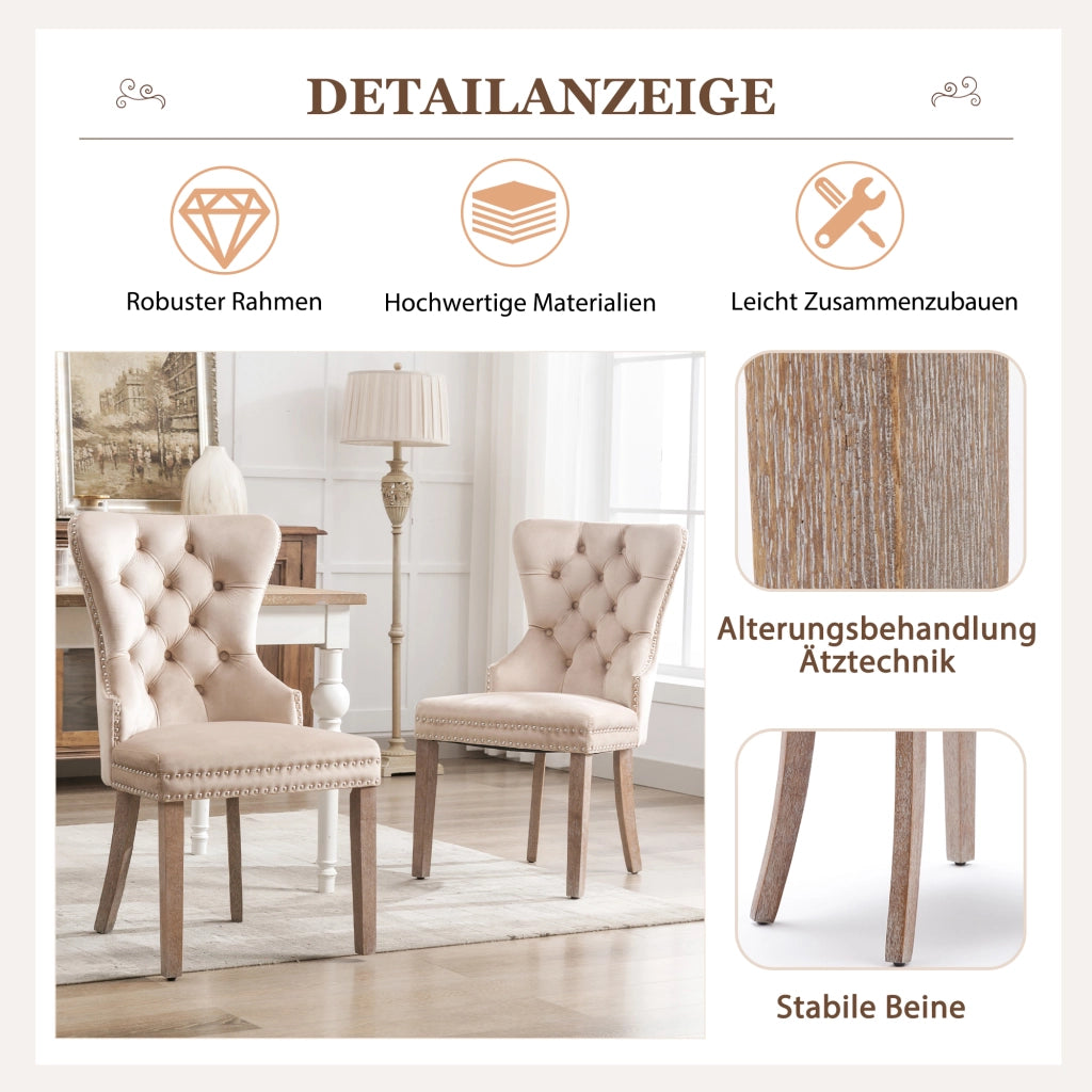 Sedia da Pranzo Imbottita in Velluto ¨C MINIMAL ¨C Beige, Gambe in Legno Massello, Set 2 Pezzi
