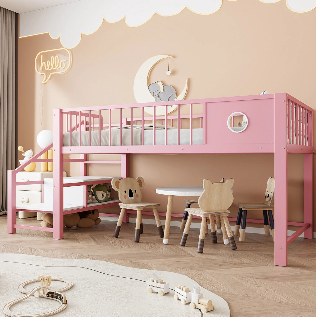 Letto a soppalco 90x200 cm con scala contenitore e vano sottostante in metallo rosa