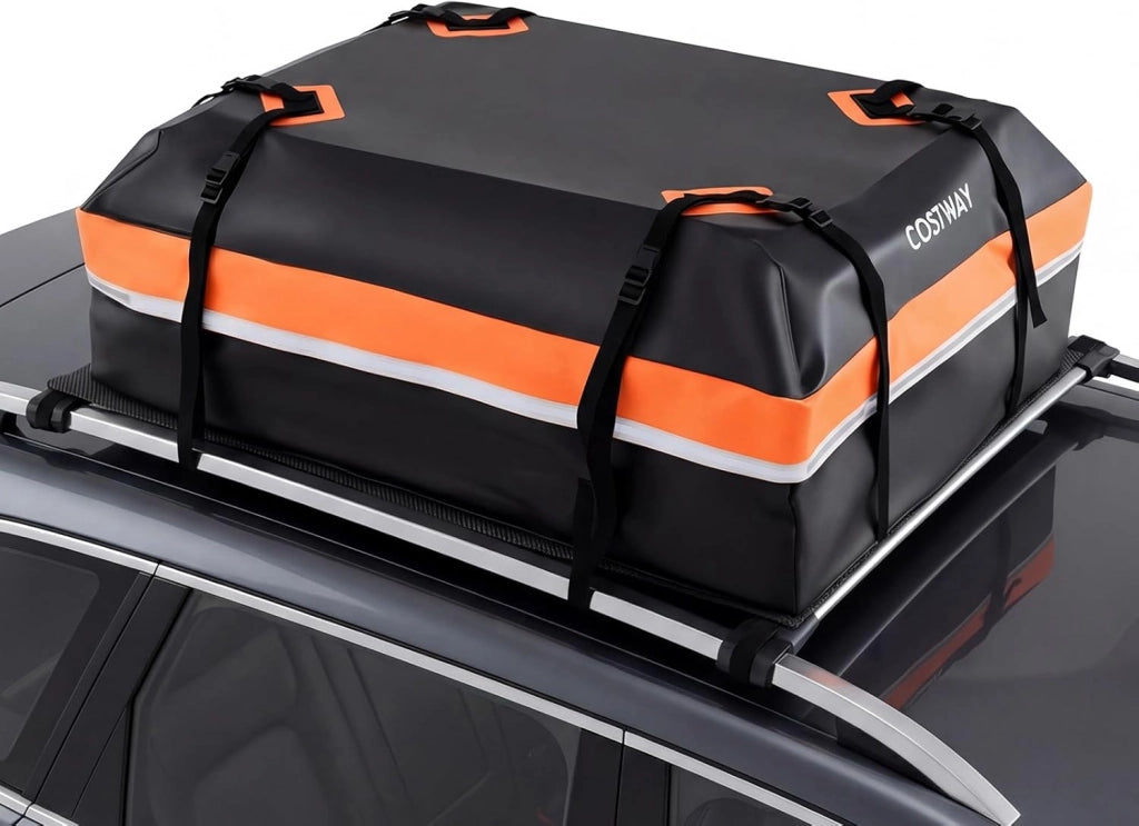Borsa da Tetto per Auto, Box Portapacchi con Impermeabile e Alta Adattabilità, Baule con Tappetino Antiscivolo, Striscie Riflettenti, Lucchetto e 8 Corde di Fissaggio (450 L,Arancione)