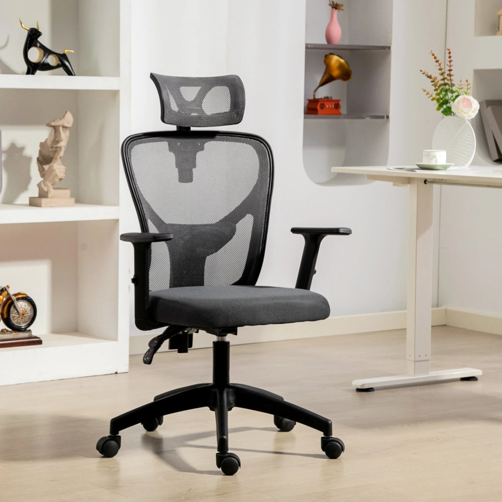Sedia da Ufficio Ergonomica e Regolabile con Supporto Lombare e Poggiatesta, 66x61x106-116 cm, Grigio