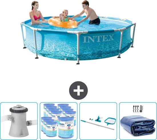 Piscina Rettangolare in Acciaio - 305 x 76 cm - Acquario - Incluso Pompaggio Filtro - Kit Pulizia - Parasole Solare