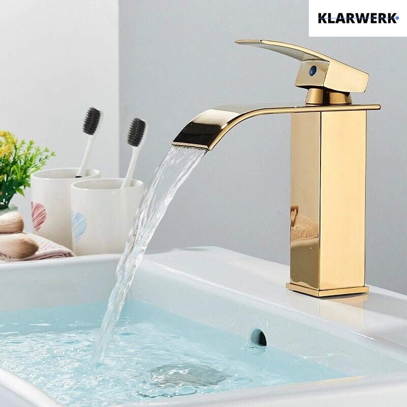 ROSA | Rubinetto da bagno a cascata Premium oro lucido  per lavabo in acciaio inox per catering | Miscelatore lavabo quadrato con rubinetto di design